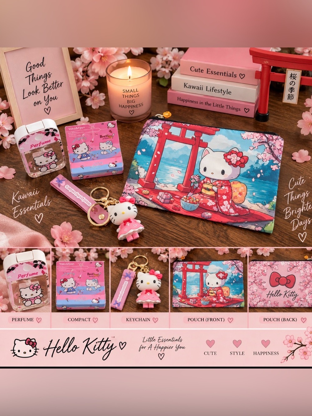Hello Kitty Pink Floral Sakura Pouch and Matching Keychain Set